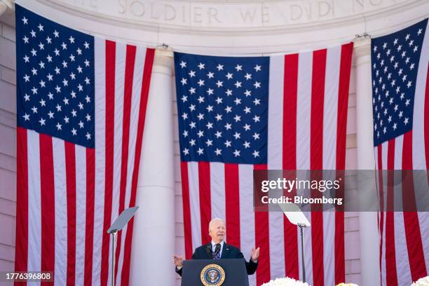 President Joe Biden speaks at the National Veterans Day Observance ceremony at the Memorial Amphitheater at Arlington National Cemetery in Arlington,...