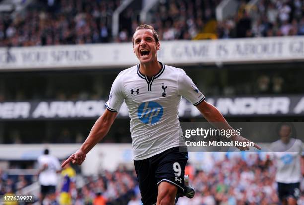 Roberto Soldado of Spurs celebrates after scoring the opening goal from the penalty spot during the Barclays Premier League match between Tottenham...