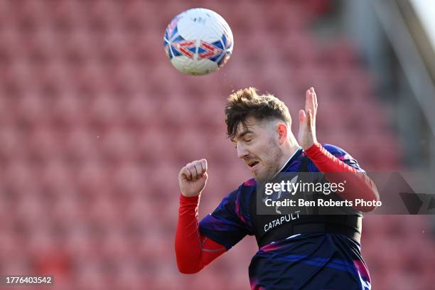 Chris Long of Crewe Alexandra pre-match warm up ahead of the Emirates FA Cup First Round match between Crewe Alexandra and Derby County at Mornflake...