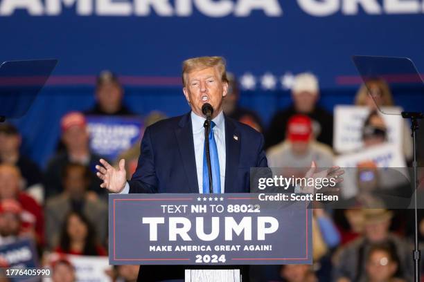 Republican presidential candidate former President Donald Trump delivers remarks during a campaign event on November 11, 2023 in Claremont, New...