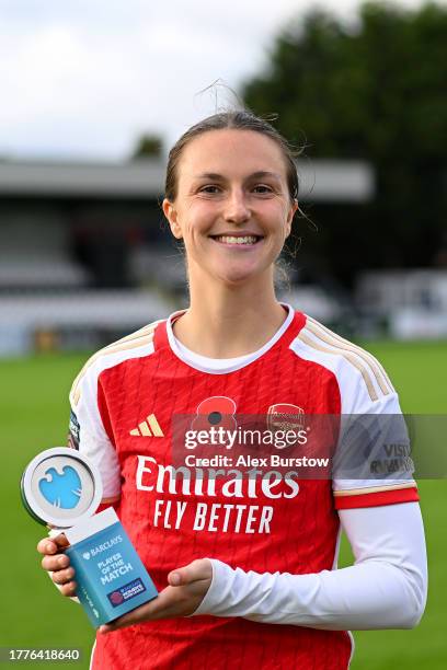 Lotte Wubben-Moy of Arsenal poses for a photo after being awarded the Barclays Play of the Match after the team's victory in the Barclays Women´s...