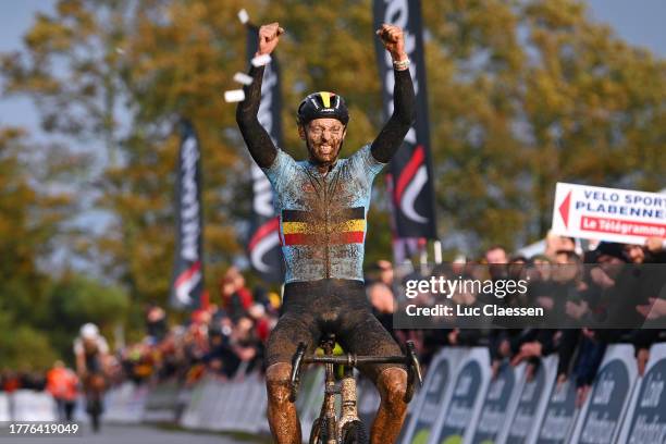 Michael Vanthourenhout of Belgium celebrates at finish line as gold medal winner during the 21st UEC European Cyclo-cross Championships 2023, Men's...