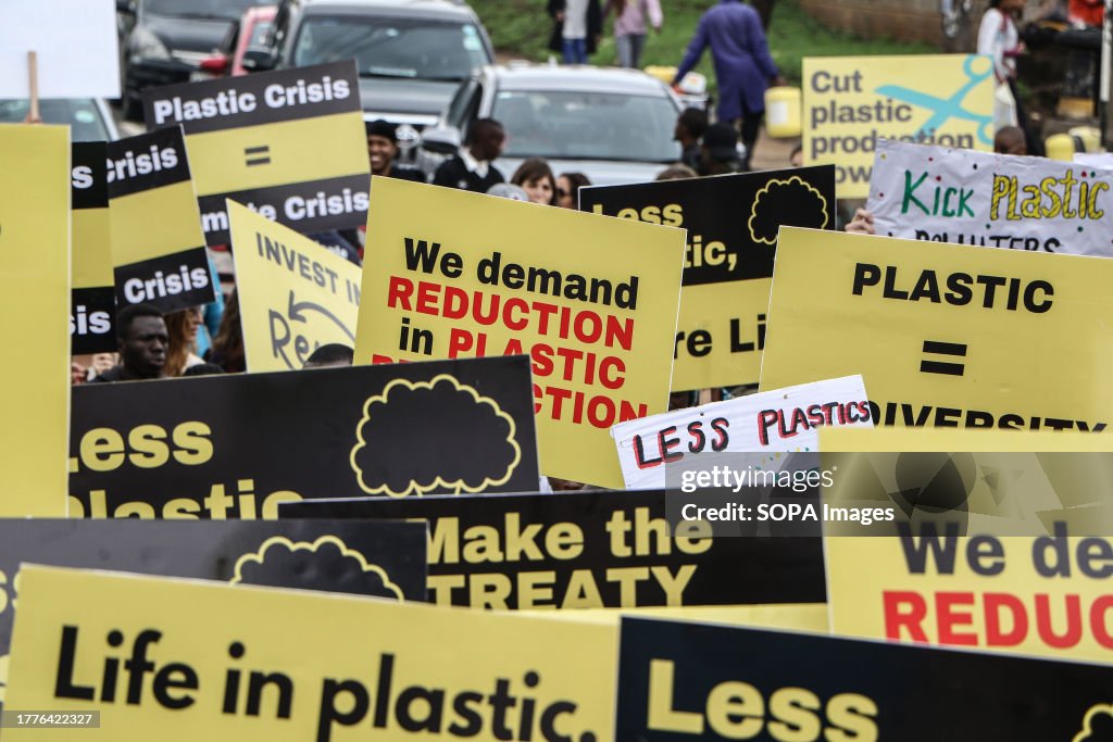 Activists from different parts of the world carry placards...