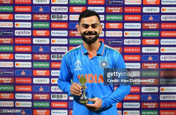 Virat Kohli of India poses after being named Player of the Match following the ICC Men's Cricket World Cup India 2023 between India and South Africa...