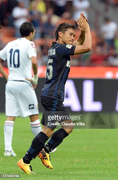Yuto Nagatomo of FC Inter Milano celebrates scoring the first goal during the Serie A match between FC Internazionale Milano and Genoa CFC at San...