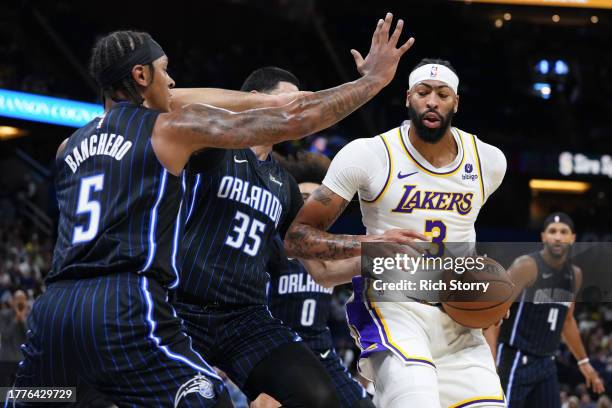 Anthony Davis of the Los Angeles Lakers dribbles the ball against the Orlando Magic during the first half at Amway Center on November 04, 2023 in...