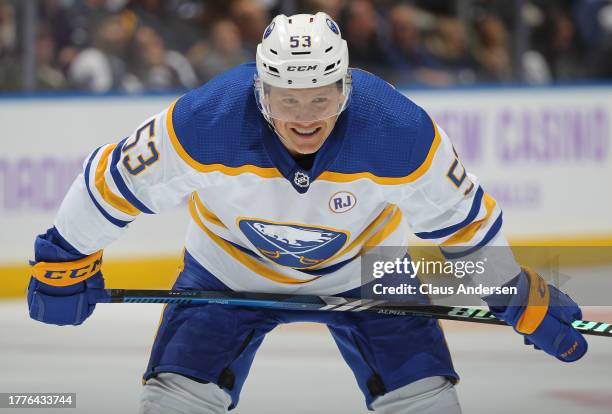 Jeff Skinner of the Buffalo Sabres waits for a faceoff against the Toronto Maple Leafs during the first period in an NHL game at Scotiabank Arena on...