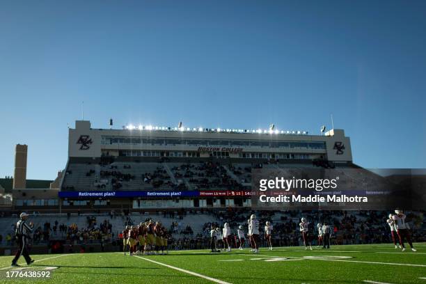 General view of a game between the Boston College Eagles and the Virginia Tech Hokies at Alumni Stadium on November 11, 2023 in Chestnut Hill,...