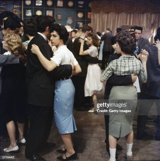 Teenagers dance on the set of Dick Clark's television program, 'American Bandstand,' 1950s.