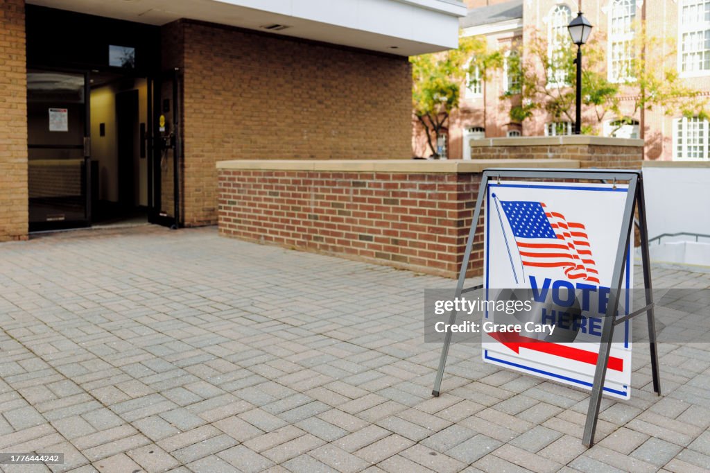 "Vote Here" Directional Sign Outside of Polling Place