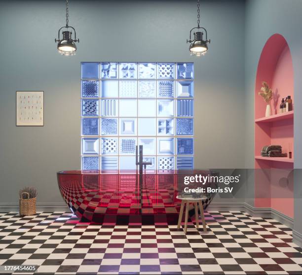 modern bathroom with glass block window and basket of lavender - glass cube fotografías e imágenes de stock