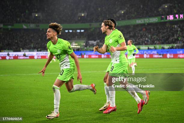 Kevin Paredes of VfL Wolfsburg celebrates after scoring the team's second goal during the Bundesliga match between VfL Wolfsburg and SV Werder Bremen...