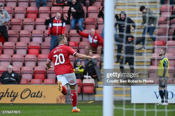 Elliott Nevitt of Crewe Alexandra celebrates his goal to make it 2-0 during the Emirates FA Cup First Round match between Crewe Alexandra and Derby...