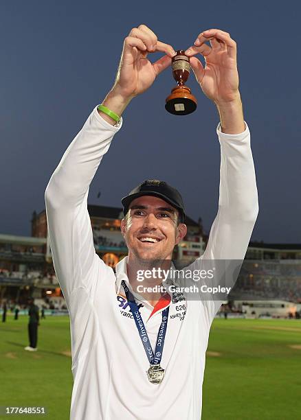 Kevin Pietersen of England holds the urn after England won the Ashes during day five of the 5th Investec Ashes Test match between England and...