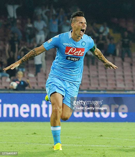 Marek Hamsik of Napoli celebrates after scoring during the Serie A match between SSC Napoli and Bologna at San Paolo Stadium on August 25, 2013 in...