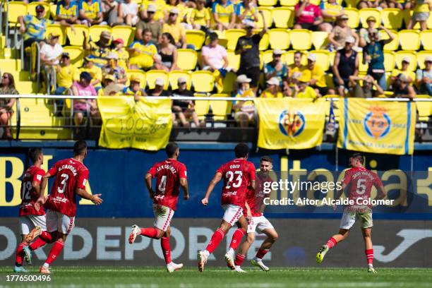 Marc Cardona of UD Las Palmas celebrates after scoring the team's second goal during the LaLiga EA Sports match between Villarreal CF and UD Las...
