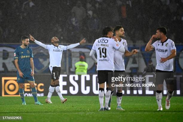 Vitoria Guimaraes' Brazilian forward Andre Silva celebrates scoring the pening goal during the Portuguese League football match between Vitoria...