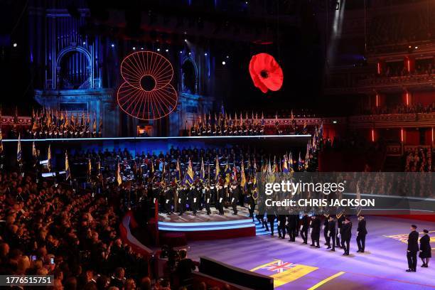 Members of different guards houses take part in "The Royal British Legion Festival of Remembrance" ceremony at Royal Albert Hall, in London, on...