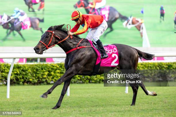 Jockey Derek Leung Ka-chun riding Encountered wins the Race 7 Sa Sa Ladies' Purse at Sha Tin Racecourse on November 5, 2023 in Hong Kong.