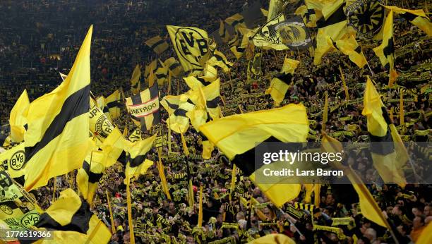 Fans of Dortmund are seen during the Bundesliga match between Borussia Dortmund and FC Bayern München at Signal Iduna Park on November 04, 2023 in...