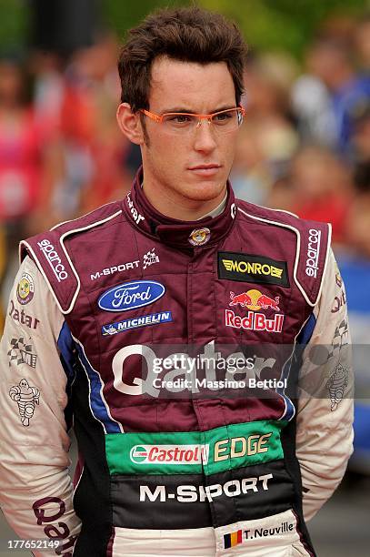 Portrait of Thierry Neuville of Belgium in the final podium of Trier during Day Four of the WRC Germany on August 25, 2013 in Trier, Germany.