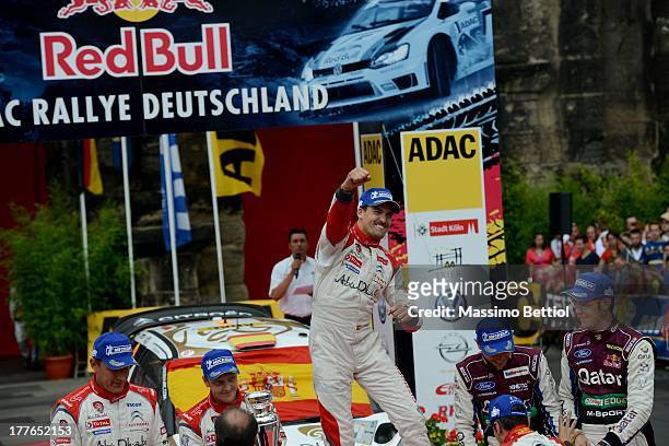 Daniel Sordo of Spain celebrates his victory during Day Four of the WRC Germany on August 25, 2013 in Trier, Germany.