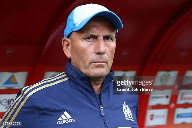 Elie Baup, coach of Marseille looks on during the French Ligue 1 match between Valenciennes FC and Olympique de Marseille OM at the Stade du Hainaut...