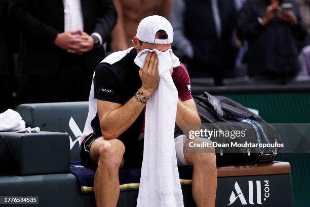 Runner-up Grigor Dimitrov of Bulgaria looks dejected after his defeat in the Men's Singles final to Novak Djokovic of Serbia on day seven of Rolex...