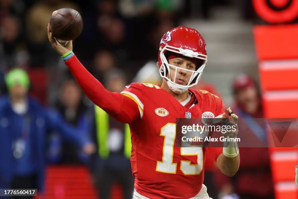 Patrick Mahomes of the Kansas City Chiefs throws a pass in the fourth quarter during the NFL match between Miami Dolphins and Kansas City Chiefs at...