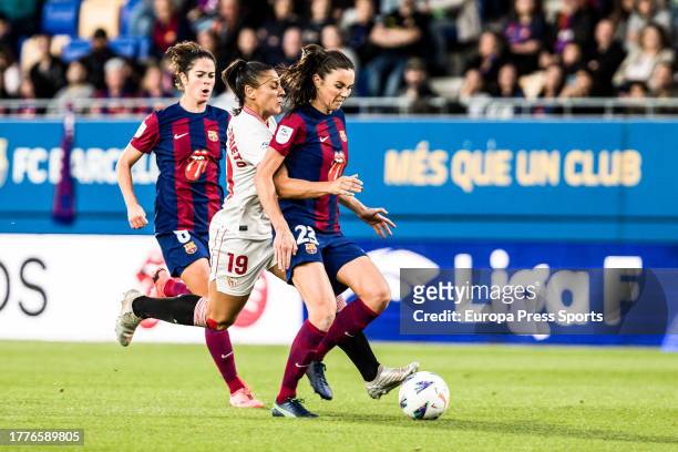 Ingrid Engen of Fc Barcelona Femenino in action against Cristina Martin Prieto of Sevilla FC during the Spanish league, Liga F, football match played...