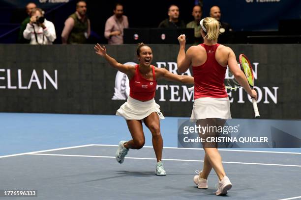 Canada's Gabriela Dabrowski and Leylah Fernandez celebrate beating Czech Republic's Barbora Krejcikova and Katerina Siniakova during the semifinal...