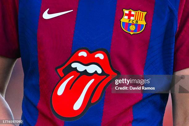 Detailed view of the limited edition FC Barcelona match shirt featuring the Rolling Stones logo during the La Liga F match between FC Barcelona and...