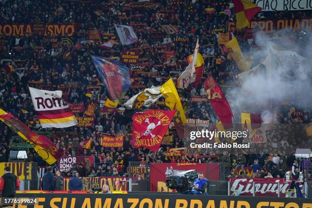 Roma fans during the Serie A TIM match between AS Roma and US Lecce at Stadio Olimpico on November 05, 2023 in Rome, Italy.