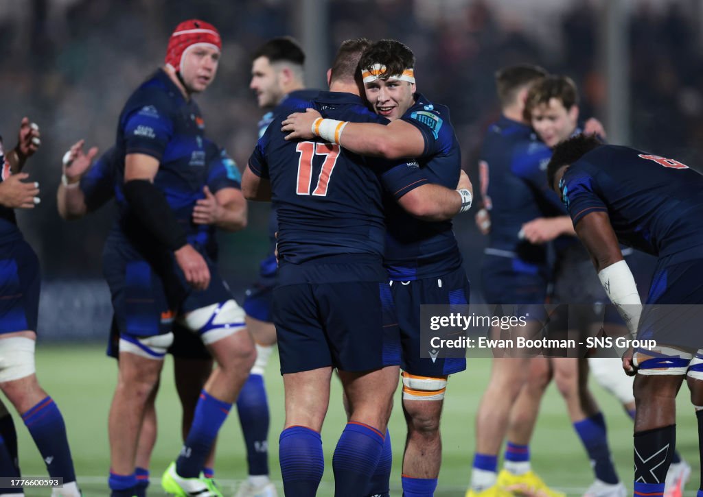 Edinbourgh Rugby Team Edinburgh's Connor Boyle celebrates with Boan Venter at full time ...