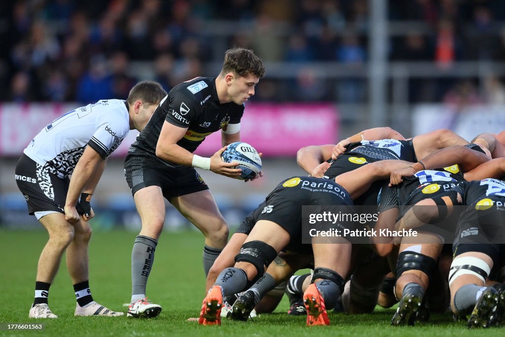 Exeter Rugby Colours Tom Cairns of Exeter Chiefs looks to put the ball into a scrum during ...