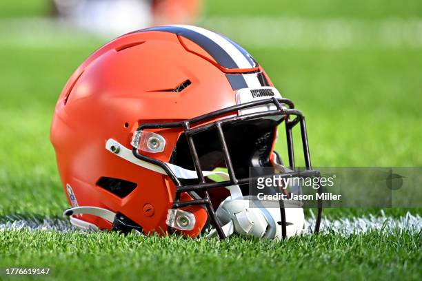 Detail view of a Cleveland Browns helmet before the game against the Arizona Cardinals at Cleveland Browns Stadium on November 05, 2023 in Cleveland,...