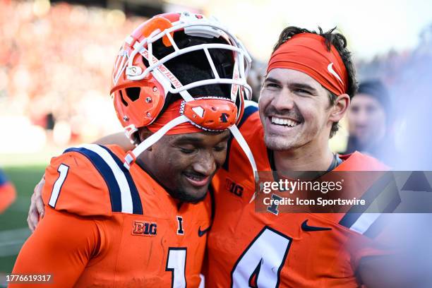 Illinois WR Isaiah Williams and Illinois QB John Paddock celebrate following a college football game between the Indiana Hoosiers and Illinois...