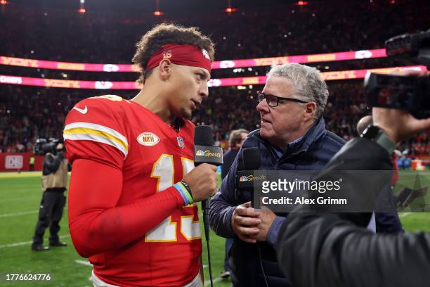 Patrick Mahomes of the Kansas City Chiefs speaks to Peter King of NBC Sports after the team's 21-14 victory over the Miami Dolphins during the NFL...