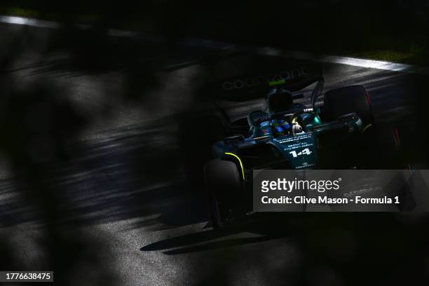Fernando Alonso of Spain driving the Aston Martin AMR23 Mercedes on track during the F1 Grand Prix of Brazil at Autodromo Jose Carlos Pace on...