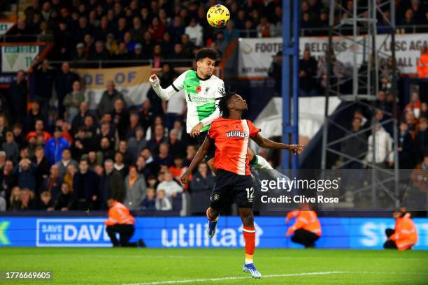 Luis Diaz of Liverpool scores the team's first goal to equalise during the Premier League match between Luton Town and Liverpool FC at Kenilworth...