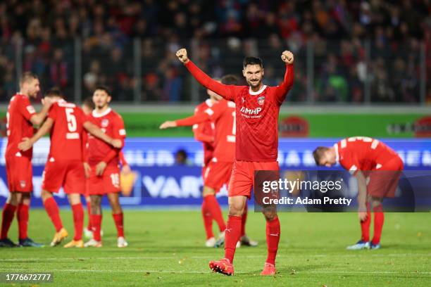 Tim Kleindienst of 1.FC Heidenheim celebrates after scoring the team's second goal during the Bundesliga match between 1. FC Heidenheim 1846 and VfB...