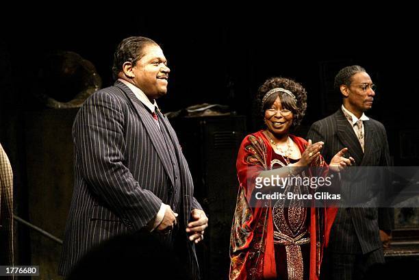 Charles Dutton, Whoopi Goldberg and Thomas Jefferson Byrd take their Opening Night Curtain Call for "Ma Rainey's Black Bottom" by August Wilson at...