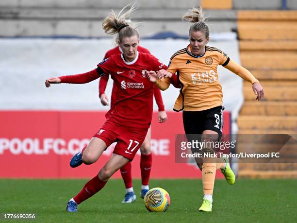 Jenna Clark of Liverpool and Lena Petermann of Leicester City in action during the Barclays Women´s Super League match between Liverpool FC and...