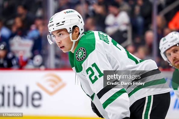 James Roderon Dallas Jason Robertson of the Dallas Stars looks on during a second period ...