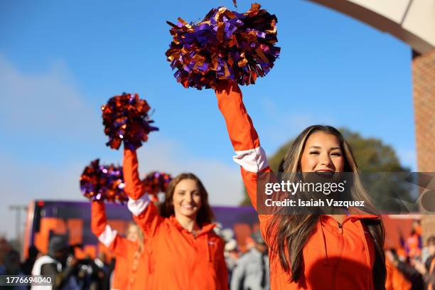 Cheerleaders for the Clemson Tigers perform during Tiger Walk before taking on the Notre Dame Fighting Irish at Memorial Stadium on November 4, 2023...