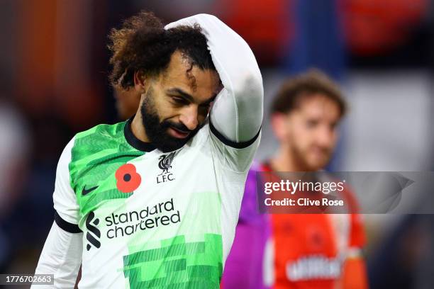 Mohamed Salah of Liverpool reacts during the Premier League match between Luton Town and Liverpool FC at Kenilworth Road on November 05, 2023 in...