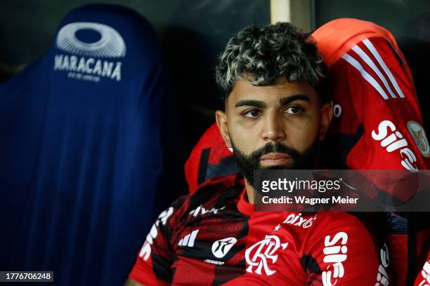 Gabriel Barbosa of Flamengo looks on from the bench prior the match between Flamengo and Fluminense as part of Brasileirao 2023 at Maracana Stadium...