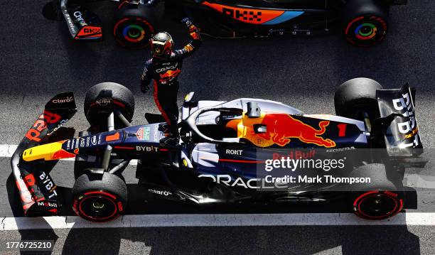 Race winner Max Verstappen of the Netherlands and Oracle Red Bull Racing celebrates in parc ferme during the F1 Grand Prix of Brazil at Autodromo...