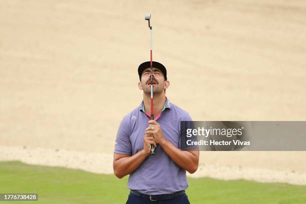 Erik van Rooyen of South Africa reacts to a putt on the fifth green during the final round of the World Wide Technology Championship at El Cardonal...