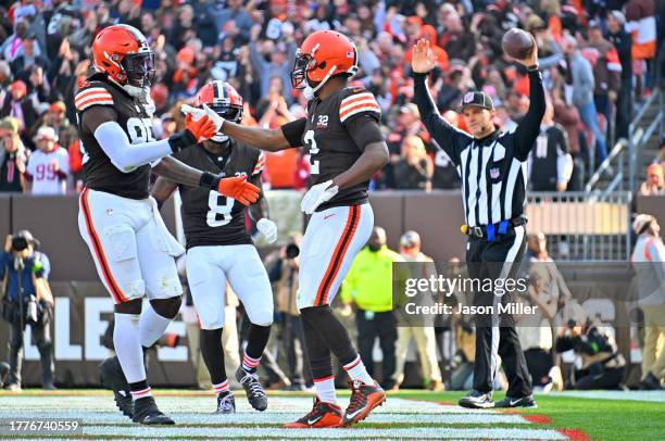 Amari Cooper of the Cleveland Browns celebrates after scoring a touchdown during the second quarter of the game against the Arizona Cardinals at...